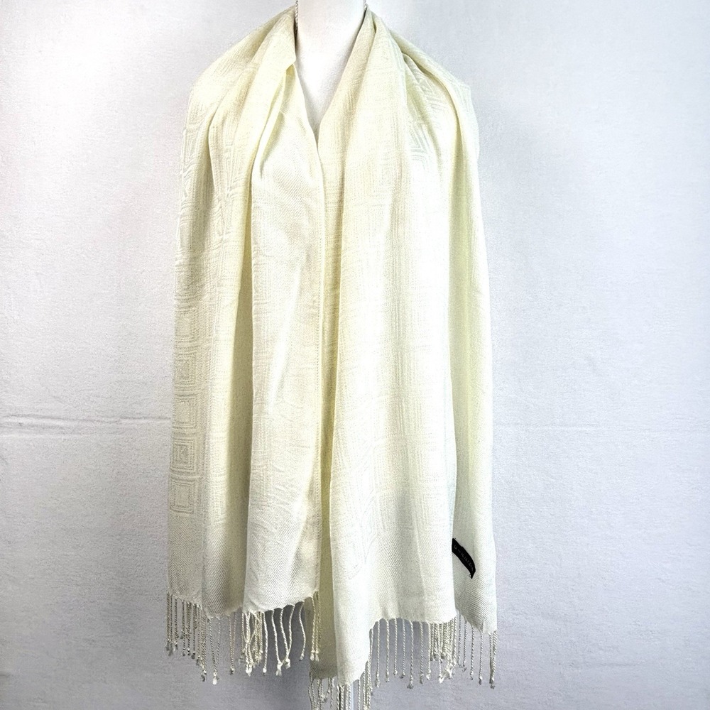 B by Krizia Italy Ivory Jacquard Fringe Wrap Shawl Scarf 25x70 Geometric "K"